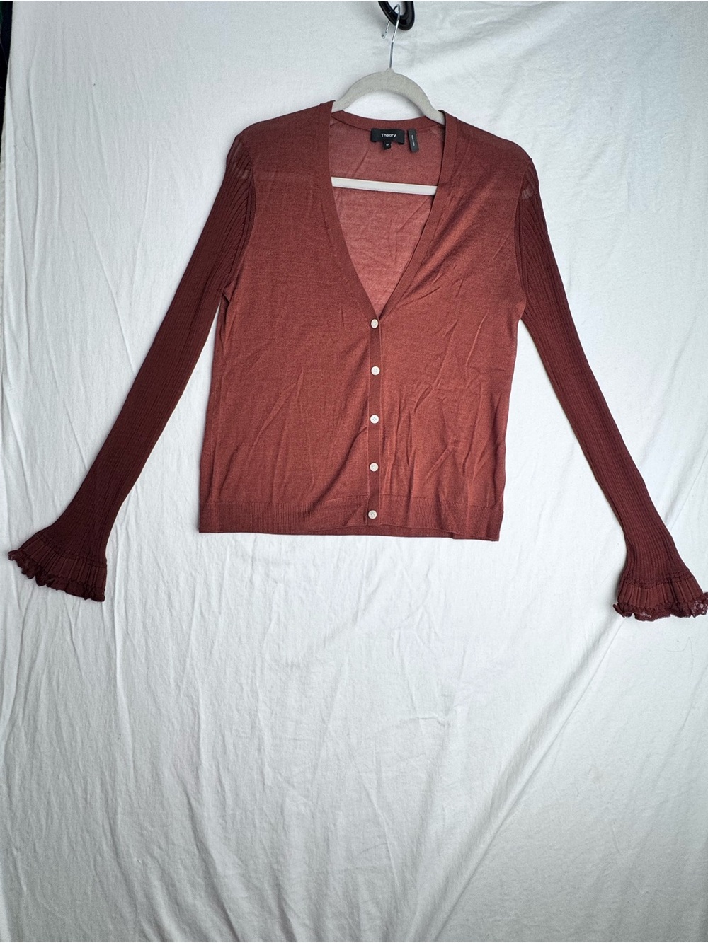 Theory Wool Blend Sheer Sleeve Ruffle Cuff Cardigan Size M Rust Red - Picture 4 of 8